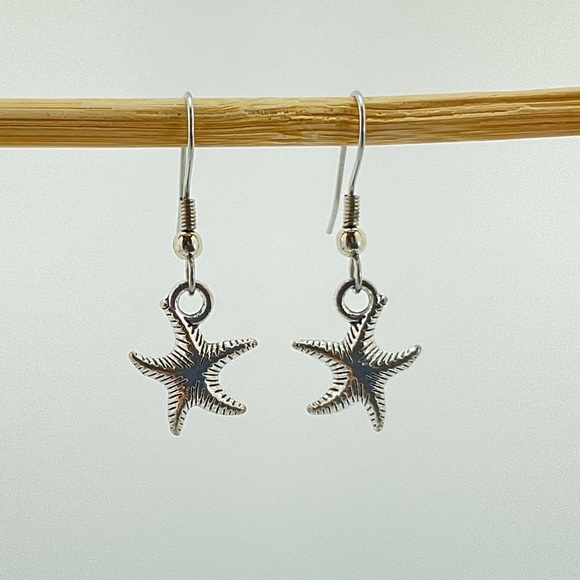 Antique Silver Starfish Earrings, Handmade, Minimalist, Summer, Coconut Girl - Picture 1 of 9